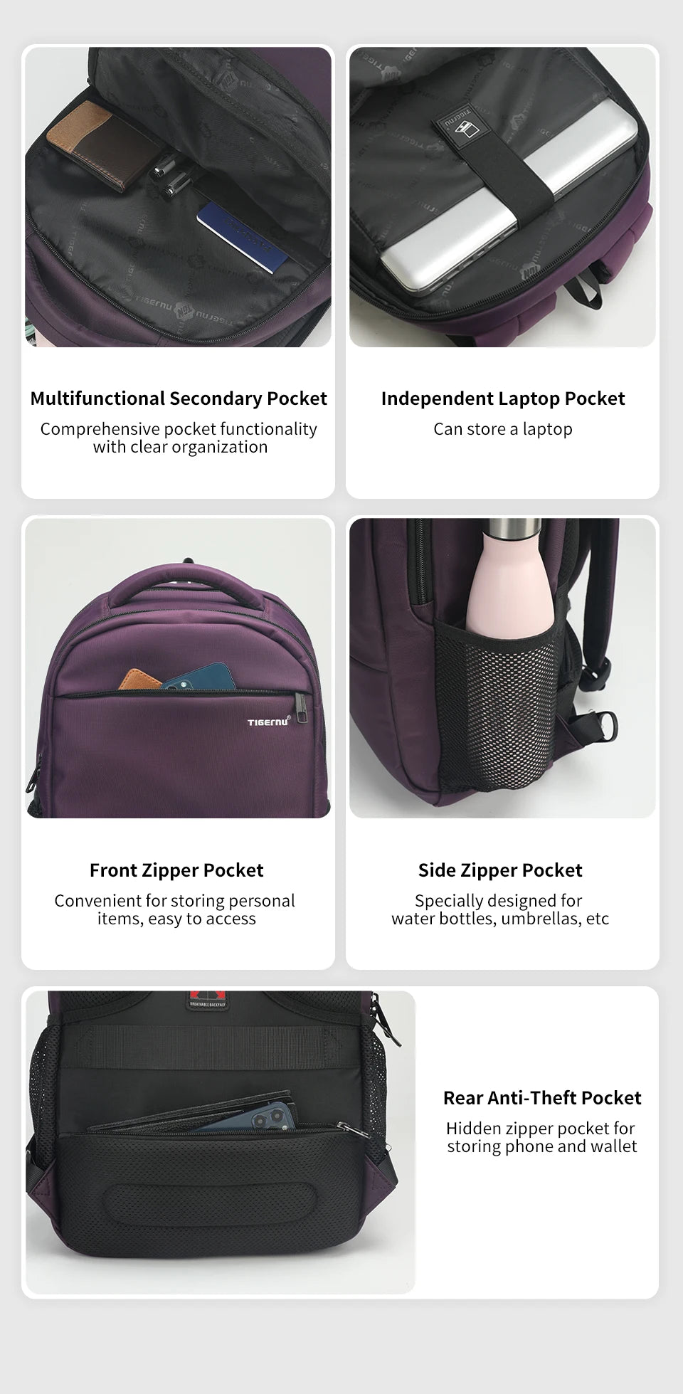 Tigernu Fashion Women Backpack Purple Anti Theft 15.6inch Laptop Backpack Female Waterproof Travel Backpack School Backpack Bags