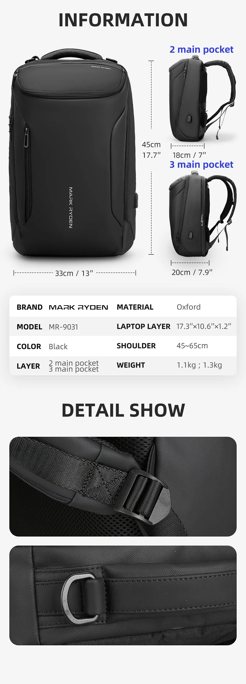 MARK RYDEN 17 inch Laptop Backpack For Men Travel Spacious Backpack Commuting COMPACTO PRO